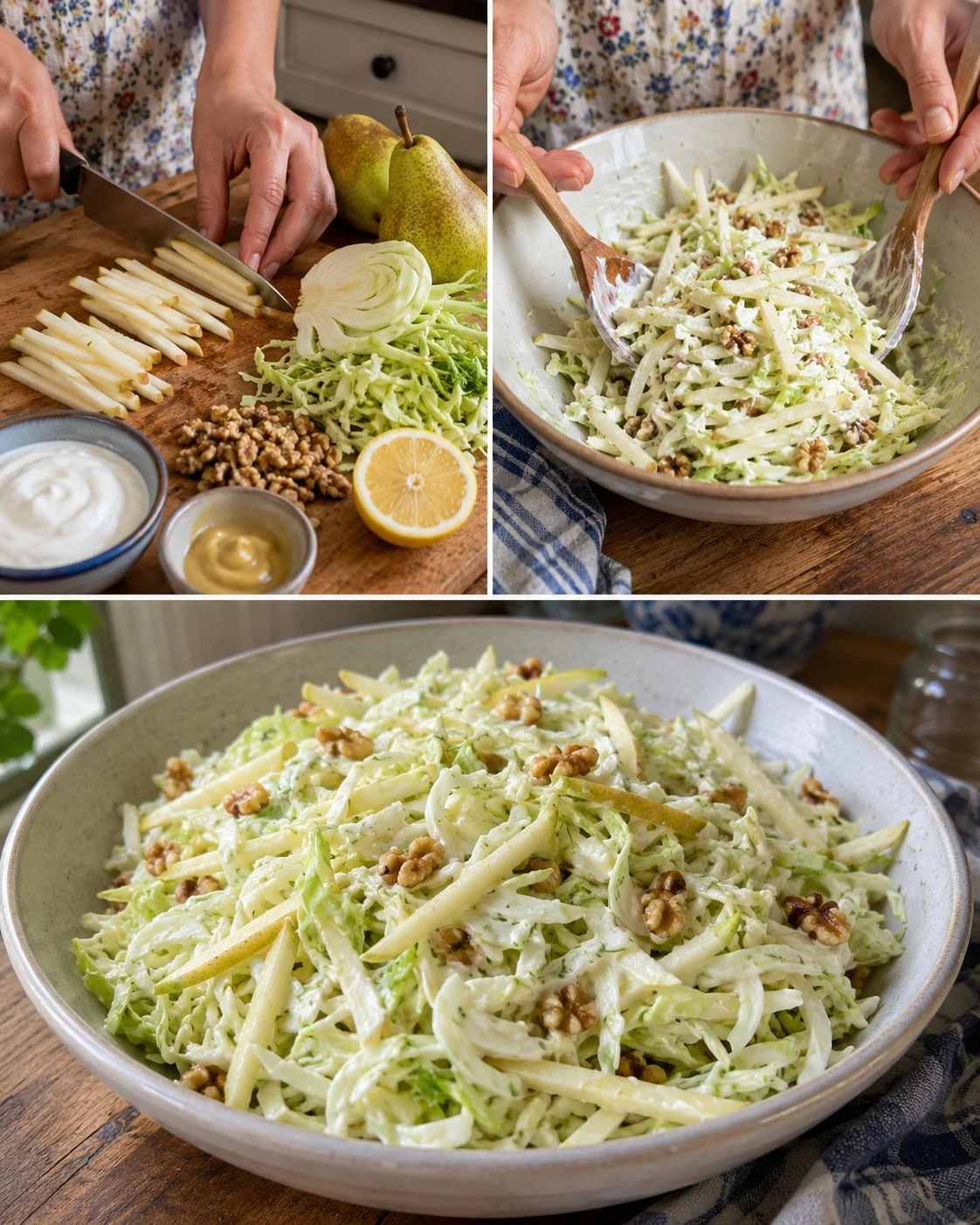 Crunchy pear slaw with fennel and walnuts in creamy yogurt dressing