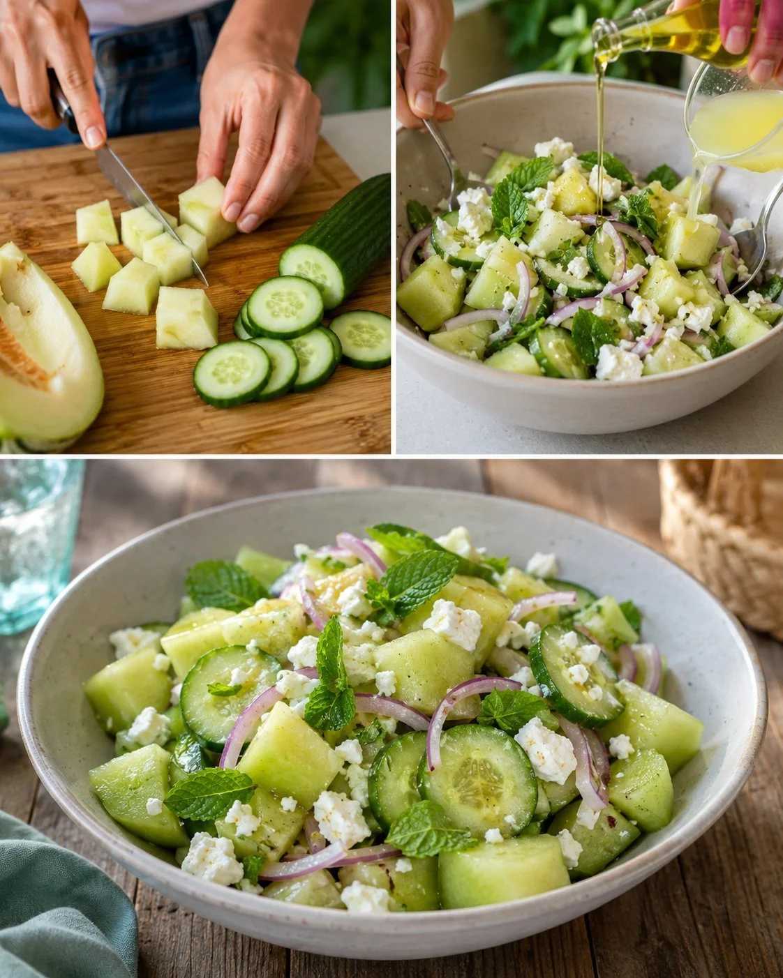 Cucumber Melon Salad with Feta and Mint in a bowl