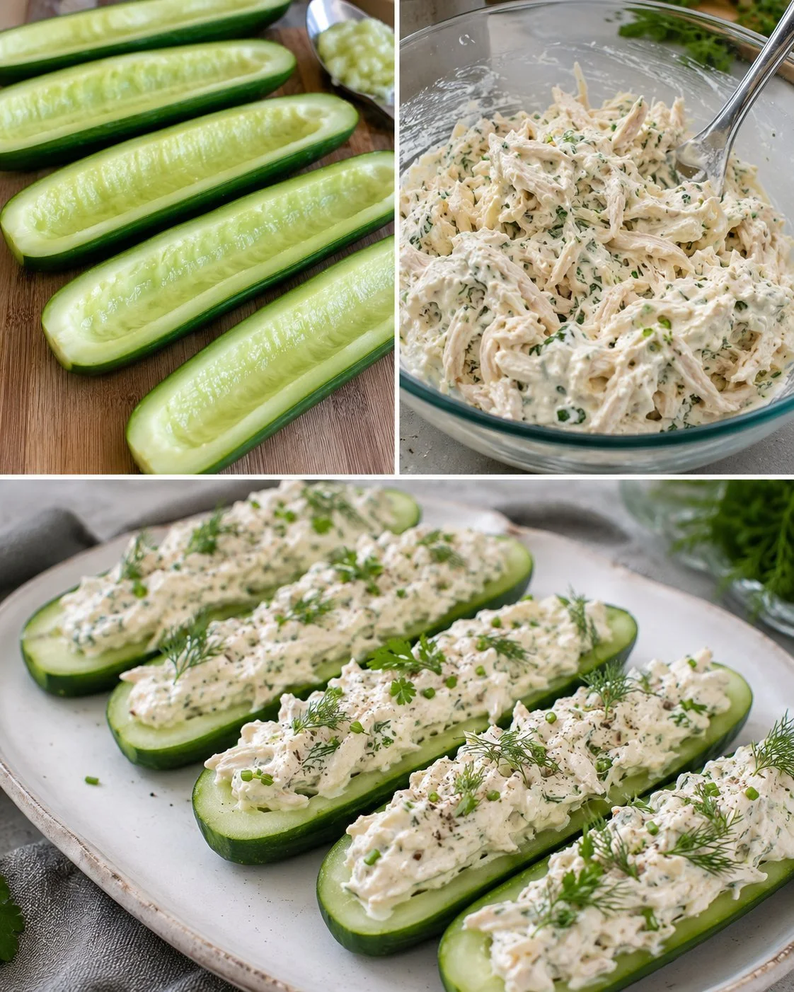 Cucumber boats filled with creamy chicken filling for a tasty appetizer.