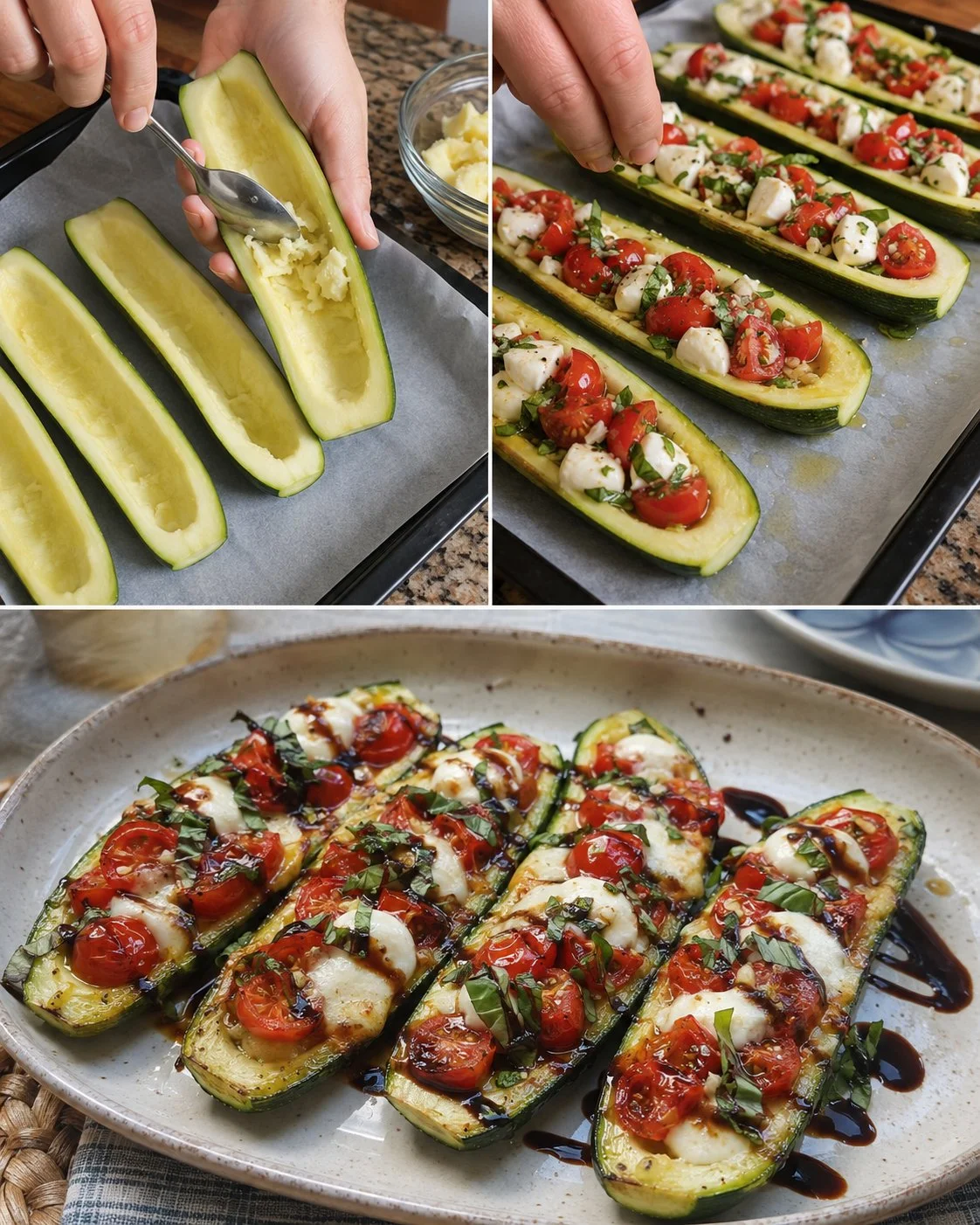 Baked zucchini caprese boats topped with tomatoes and mozzarella cheese