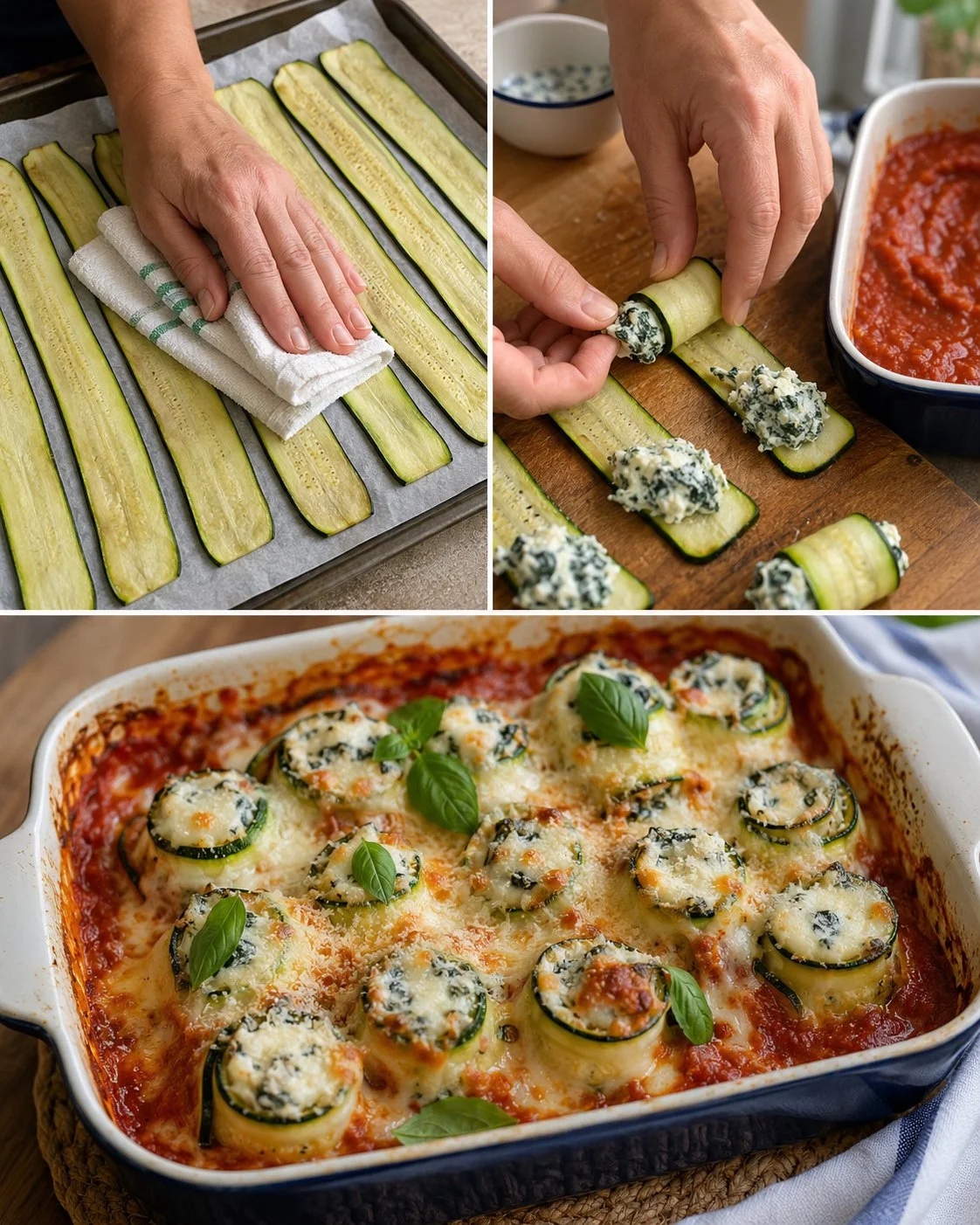 Delicious baked zucchini roll-ups with spinach and ricotta filling