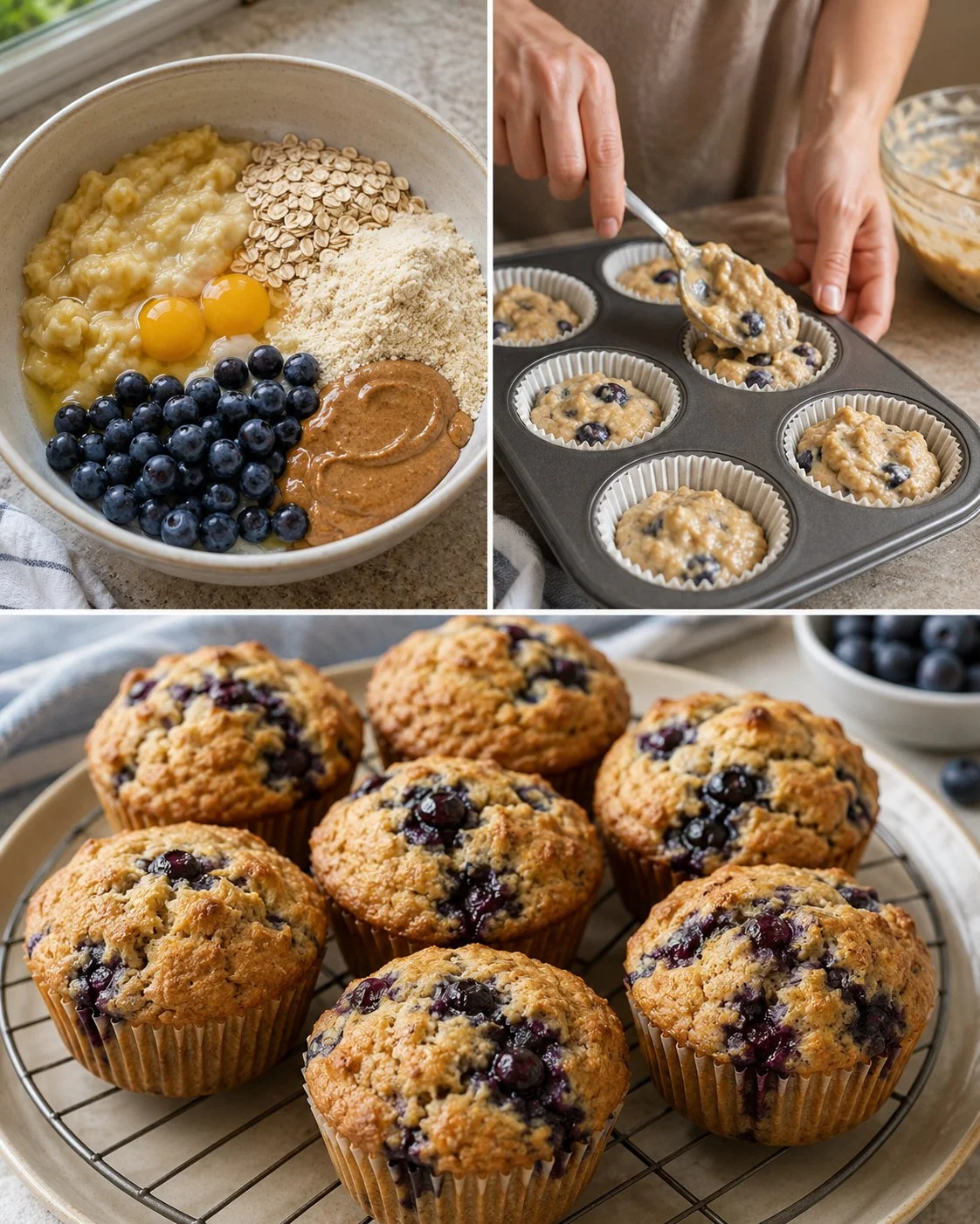 Freshly baked blueberry almond muffins on a rustic wooden table