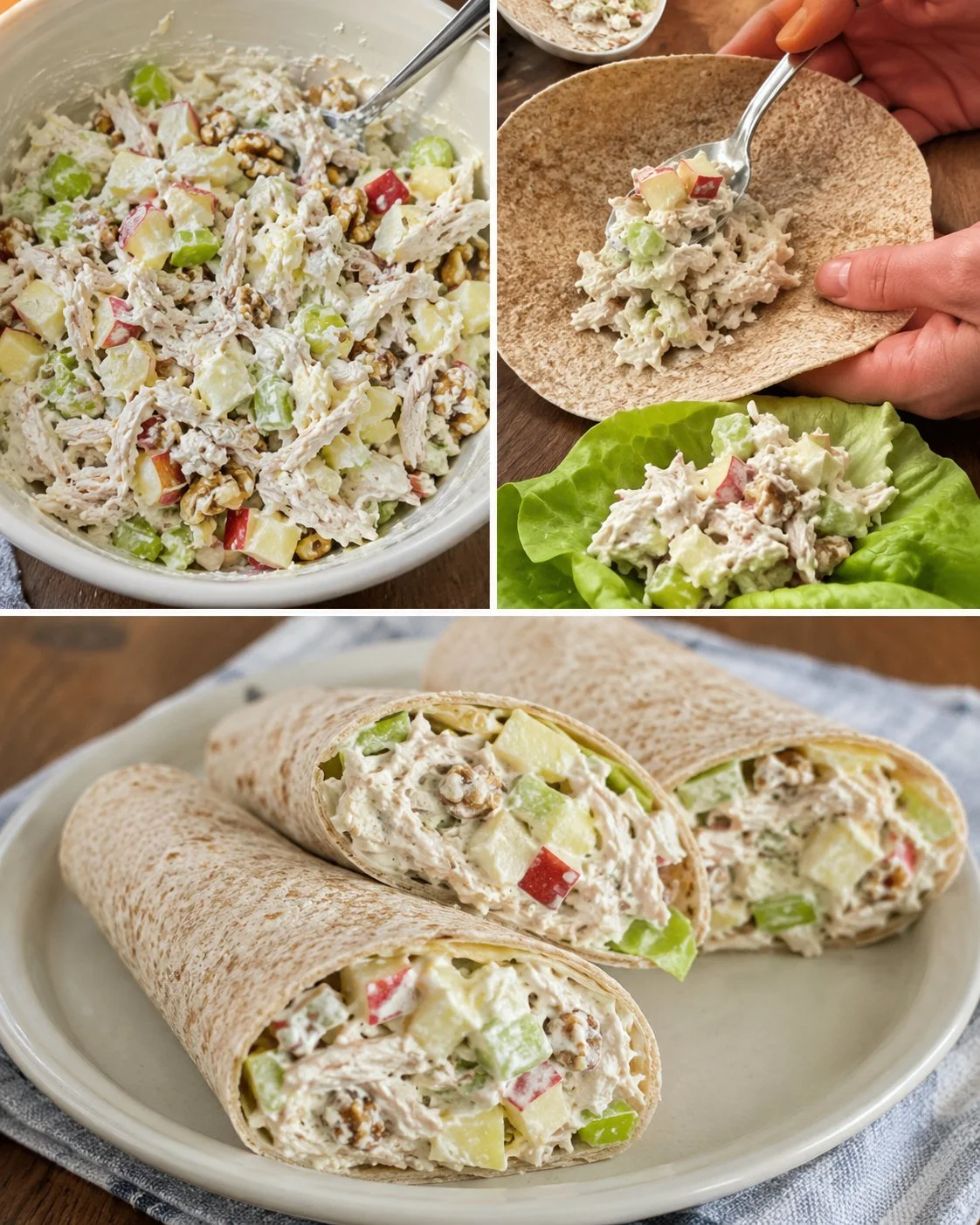 Healthy chicken apple walnut salad wraps on a plate ready to serve.