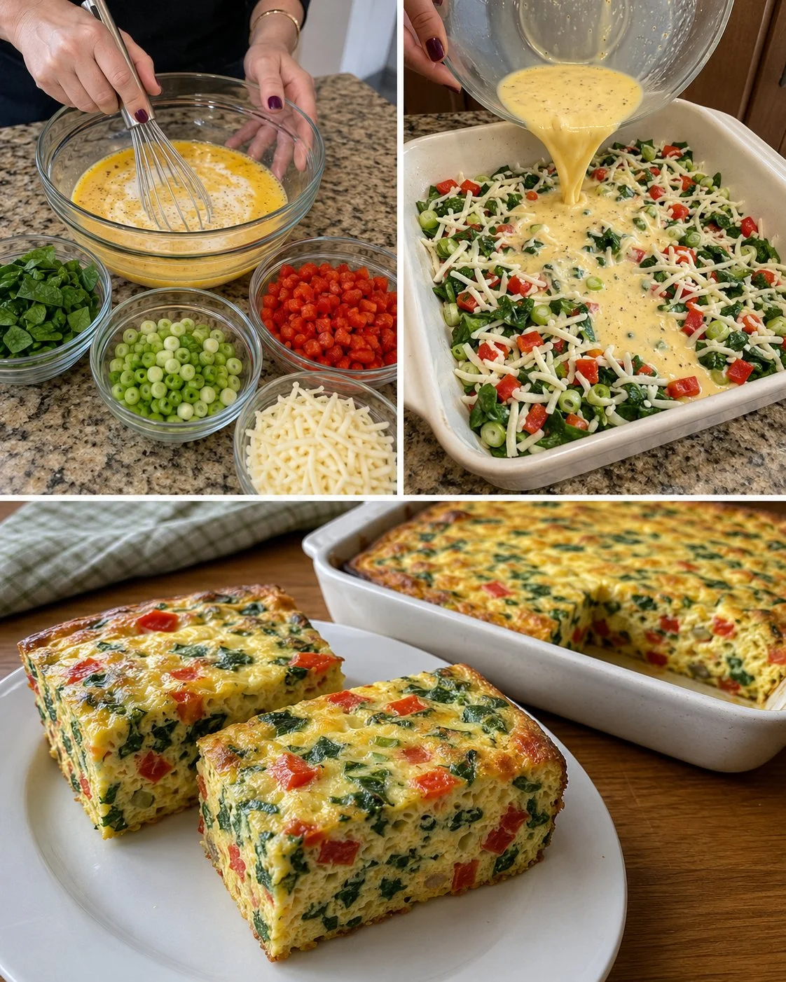 Delicious easy egg squares with roasted pepper and spinach on a plate
