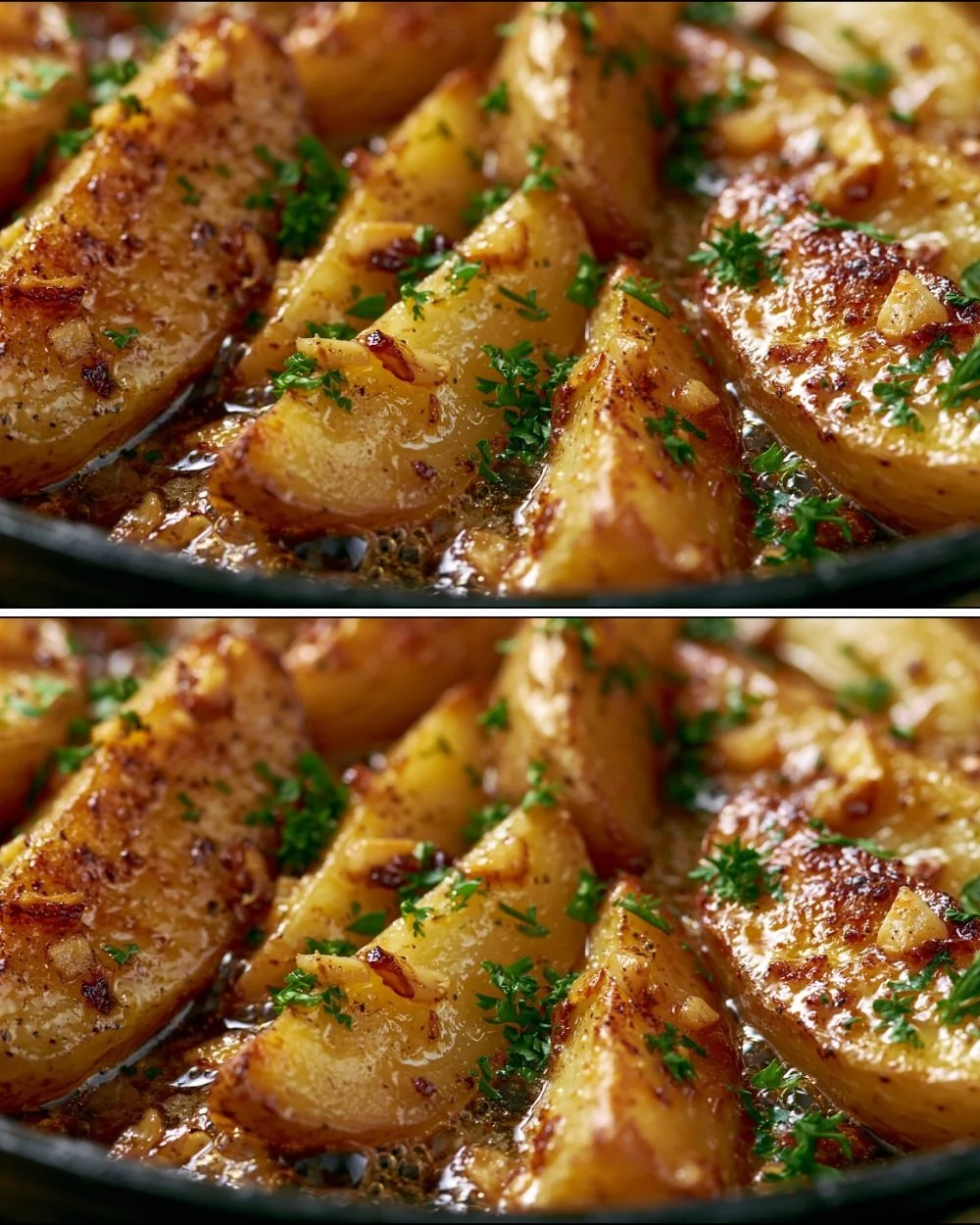 Easy golden garlic butter potatoes garnished with herbs