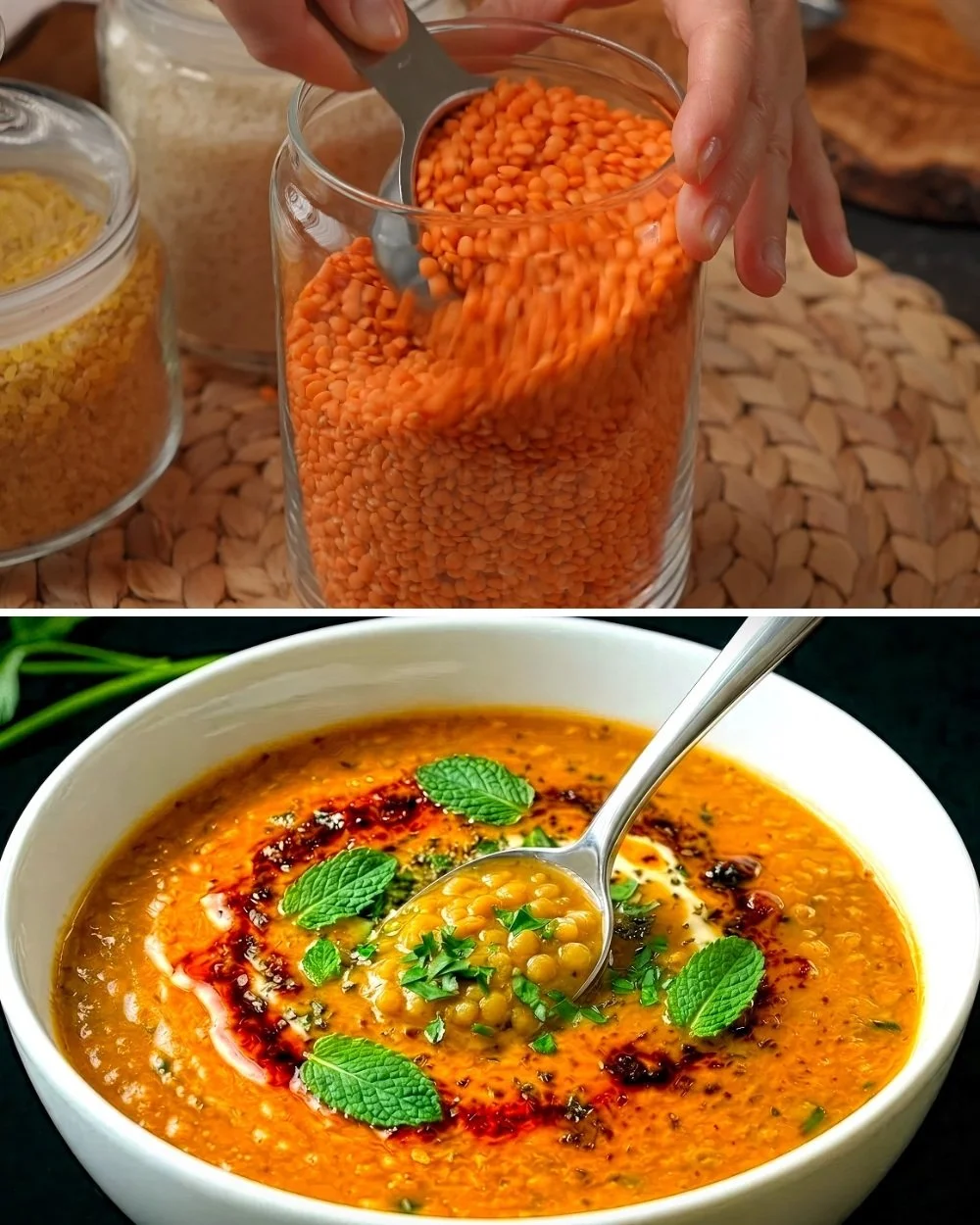 Bowl of homemade Turkish Red Lentil Soup garnished with fresh herbs.