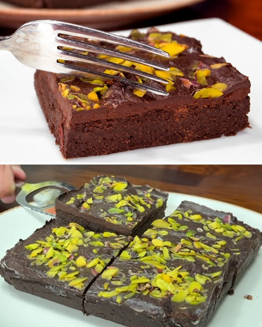 Delicious easy vegan chickpea brownie on a plate, garnished with nuts.