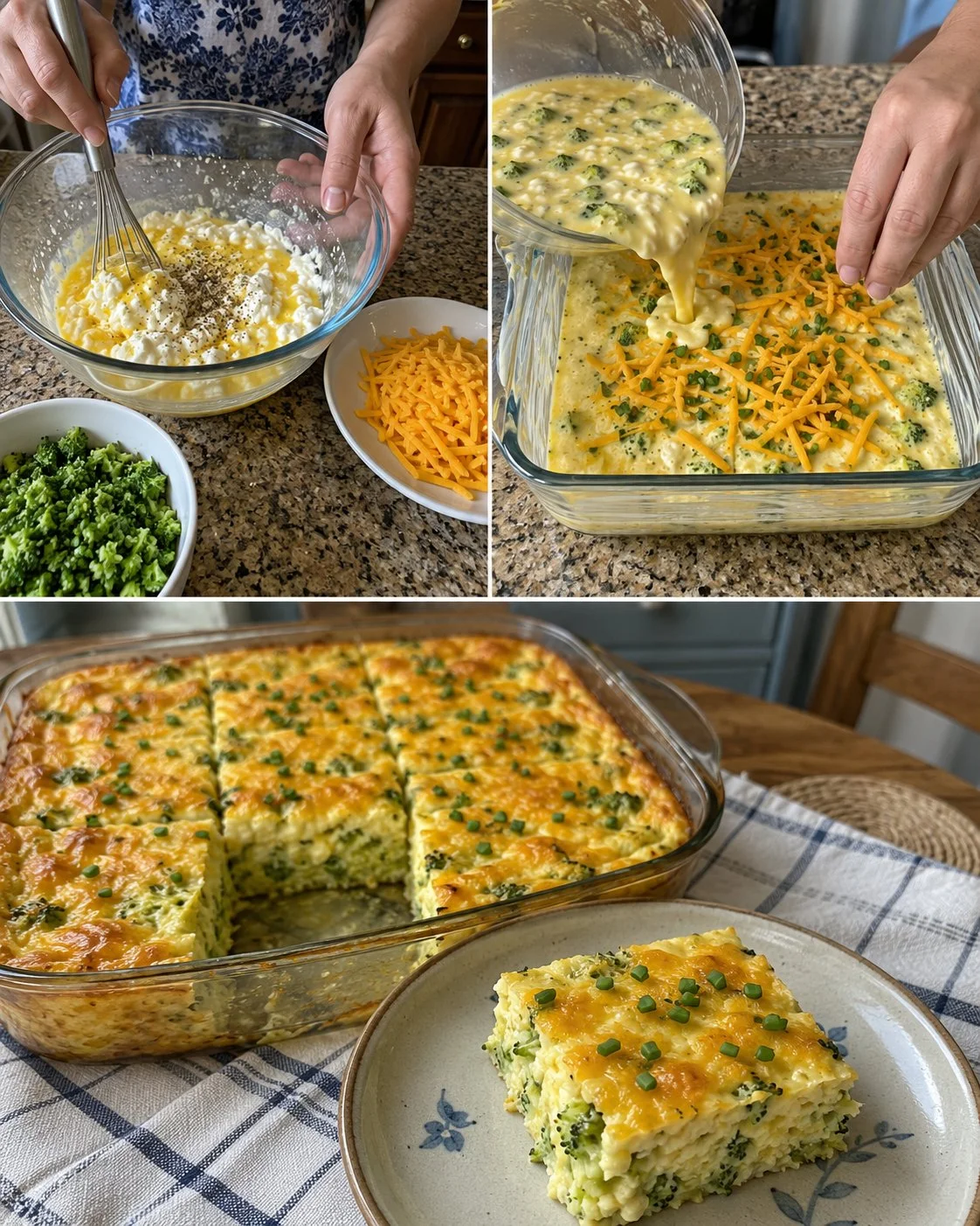 Delicious egg bake with broccoli, cheddar cheese, and cottage cheese served in a dish.