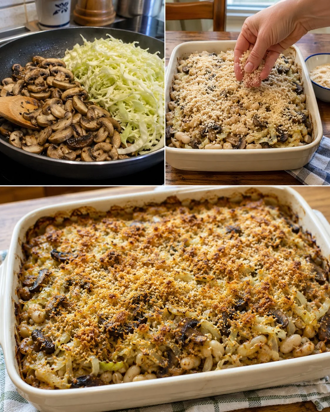 Eggless cabbage mushroom bake with barley served in a casserole dish