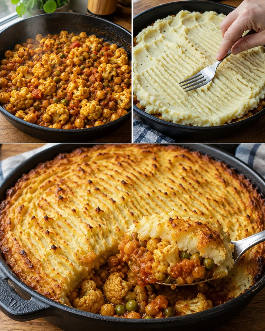 Eggless cauliflower and chickpea curry pie, a hearty vegan dish bursting with flavor