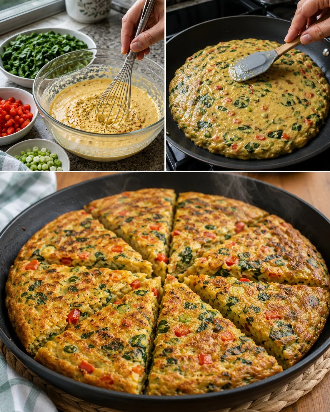 Eggless chickpea and spinach skillet wedges served on a plate