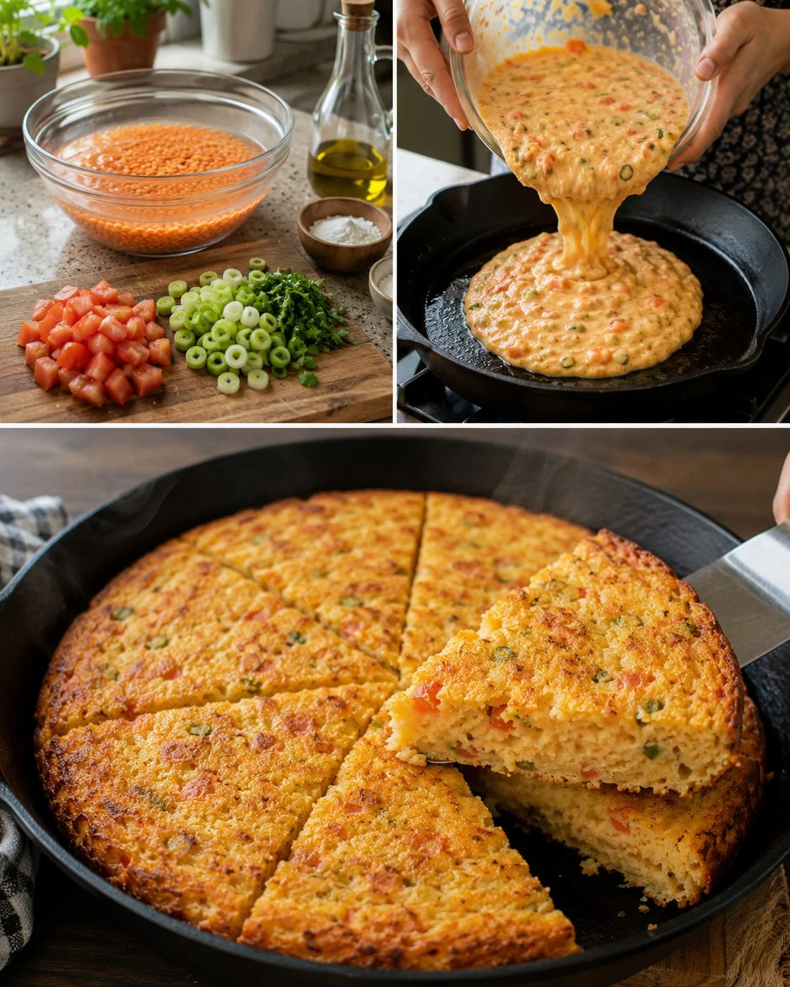 Eggless Red Lentil and Tomato Skillet Bread served on a wooden table