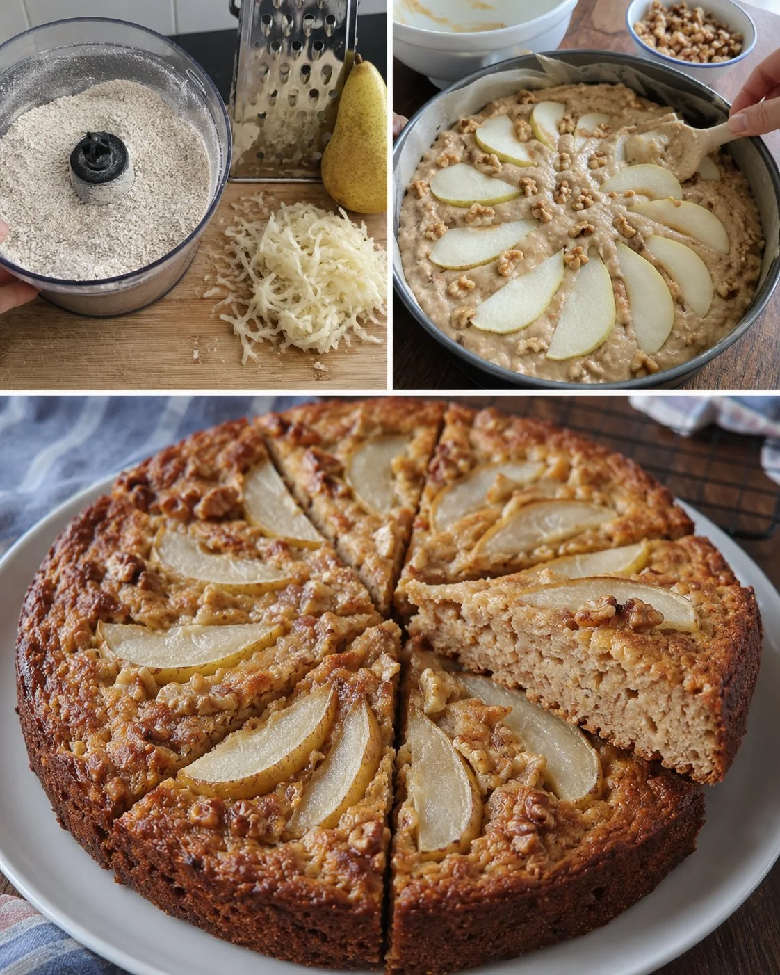 Flourless pear walnut oat cake displayed on a wooden table with fresh pears