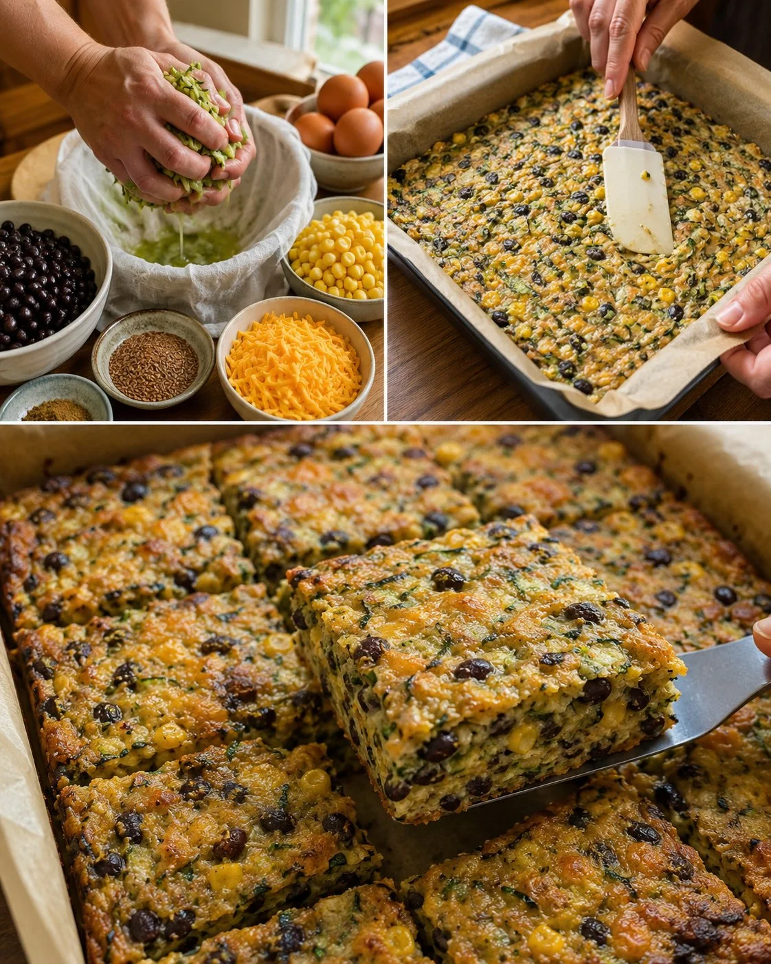 Flourless zucchini slice with black beans and corn ready to serve