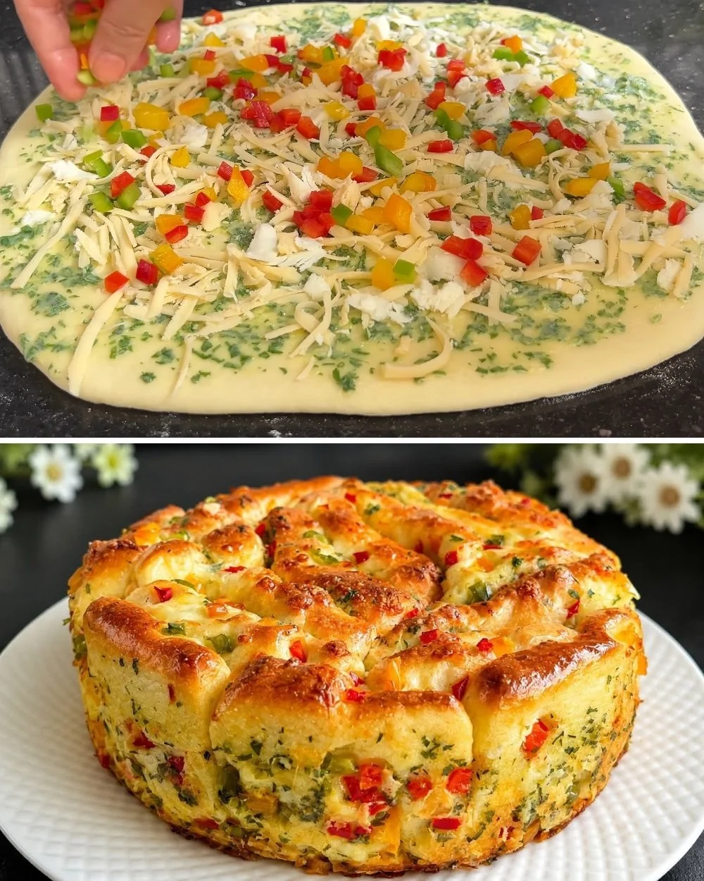 Fluffy homemade garlic bread topped with cheese and colorful peppers