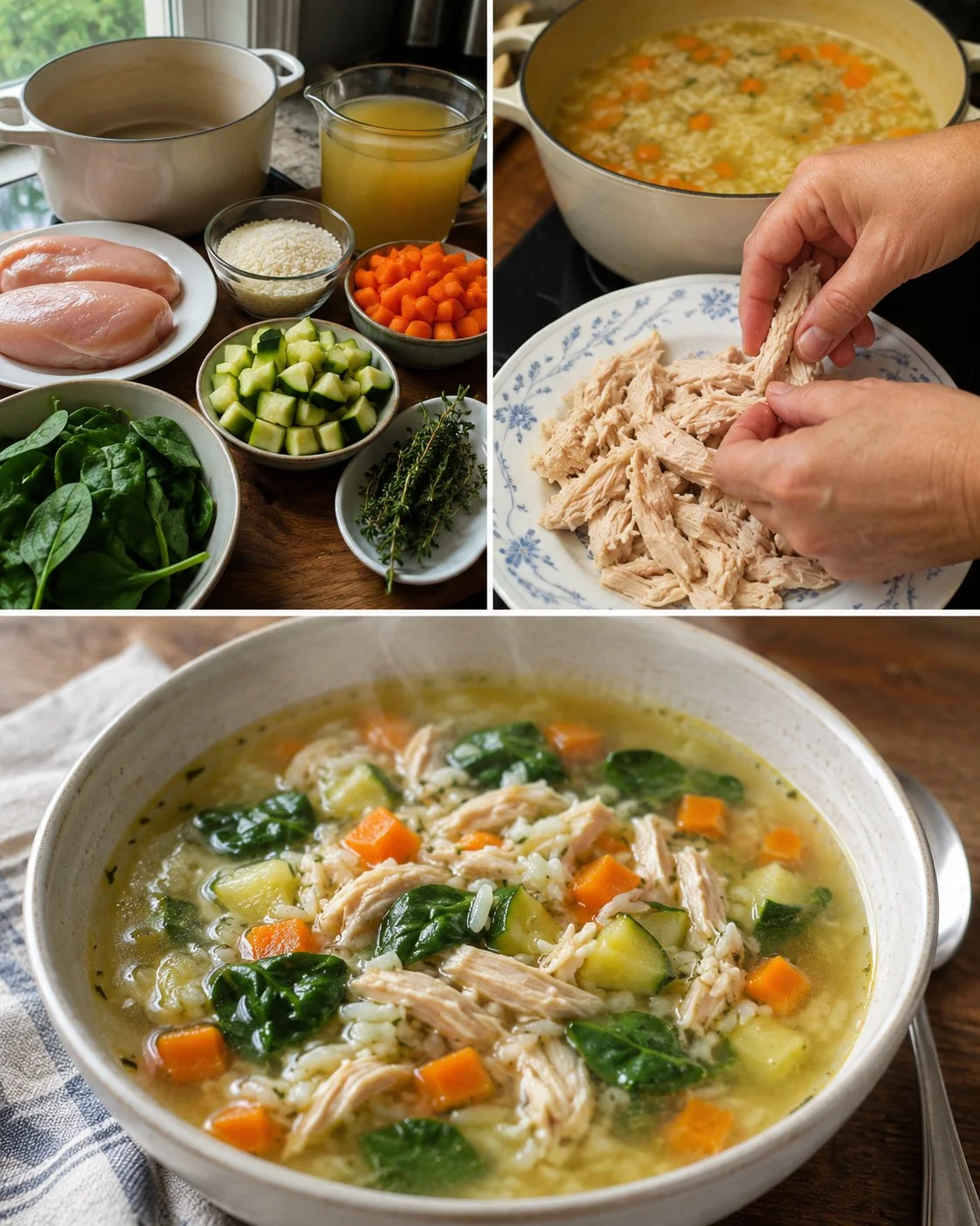 Bowl of Gentle Chicken, Rice and Garden Vegetable Soup with fresh ingredients
