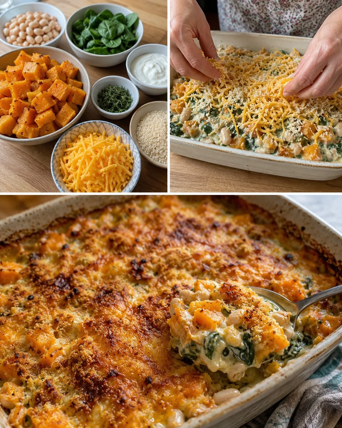 Golden Butternut, White Bean and Cheddar Bake in a casserole dish