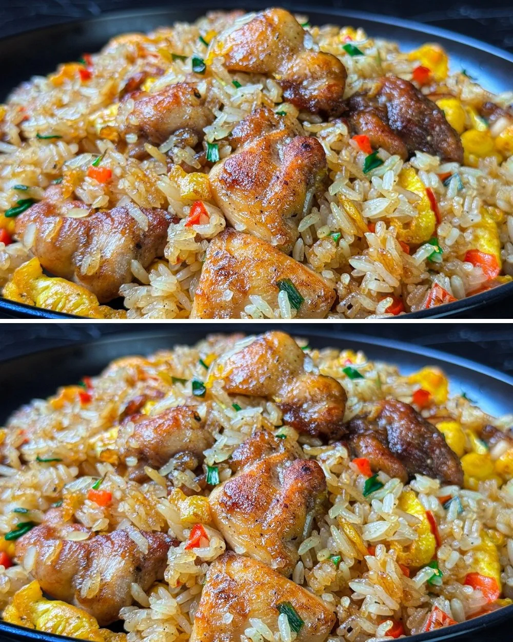 Bowl of golden garlic chicken fried rice garnished with green onions