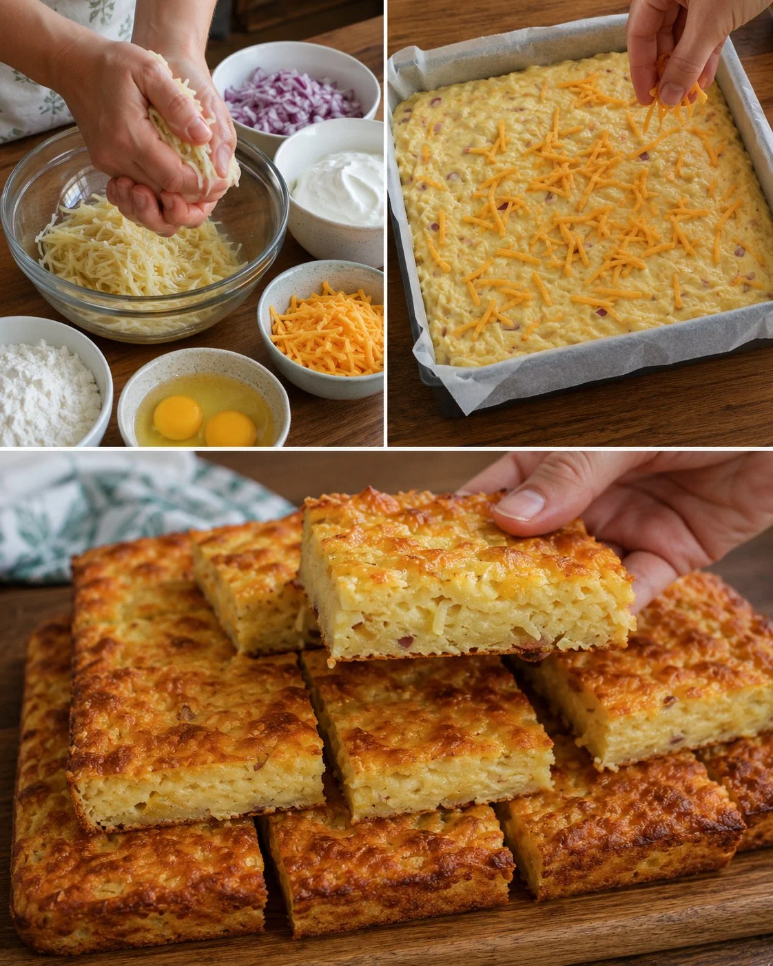 Baked golden onion potato yogurt squares in a dish ready to serve.