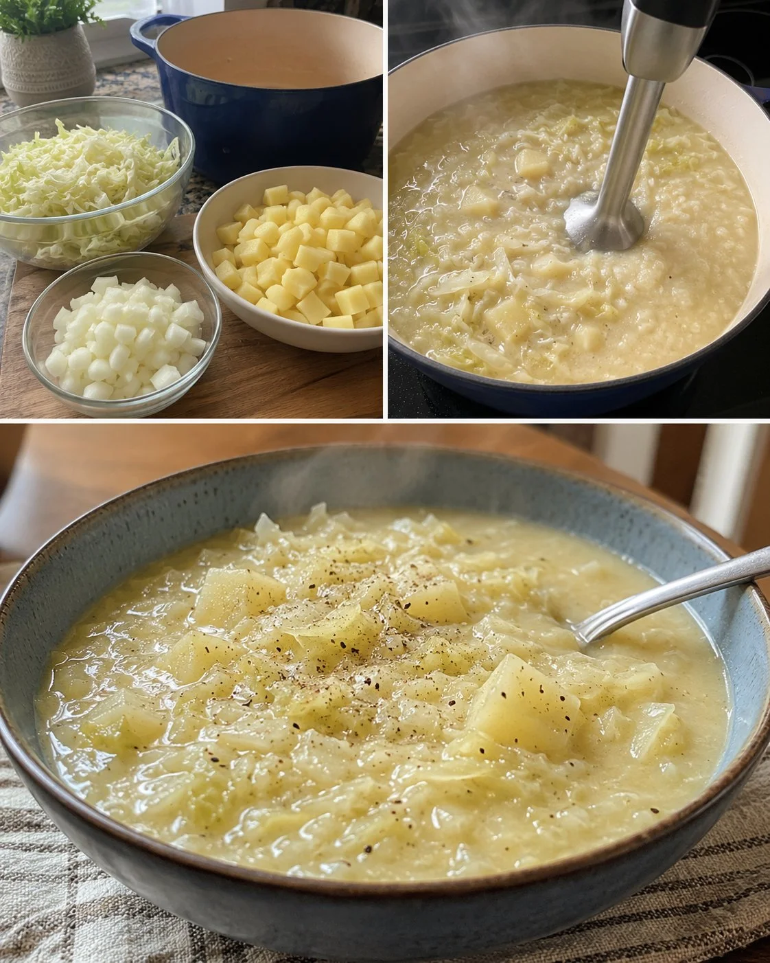 Bowl of Grandma's creamy cabbage and potato soup without cream, garnished with herbs.