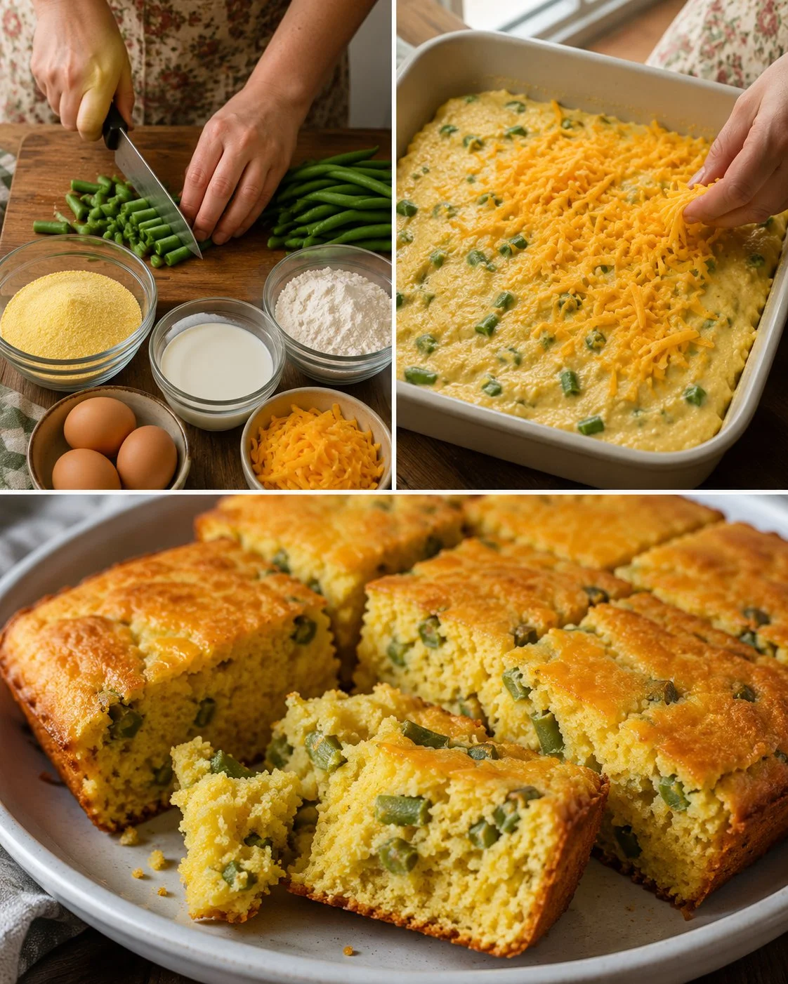 Delicious Green Bean Cheddar Cornbread Bake served in a dish