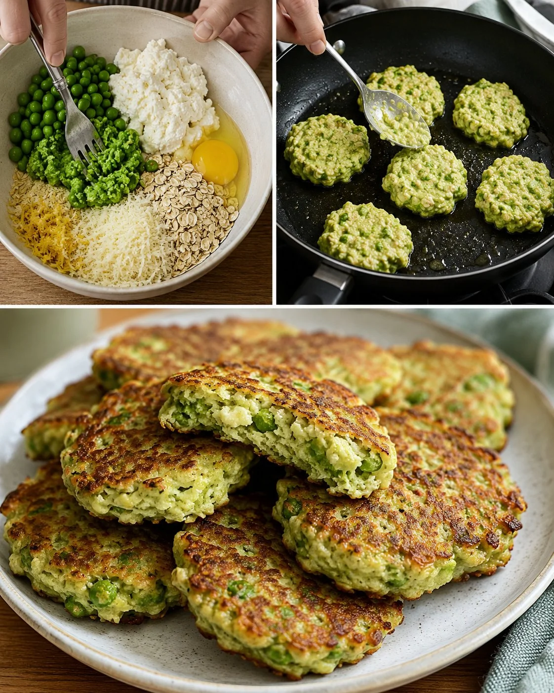 Delicious green pea fritters made with ricotta and oats, ready in 20 minutes.