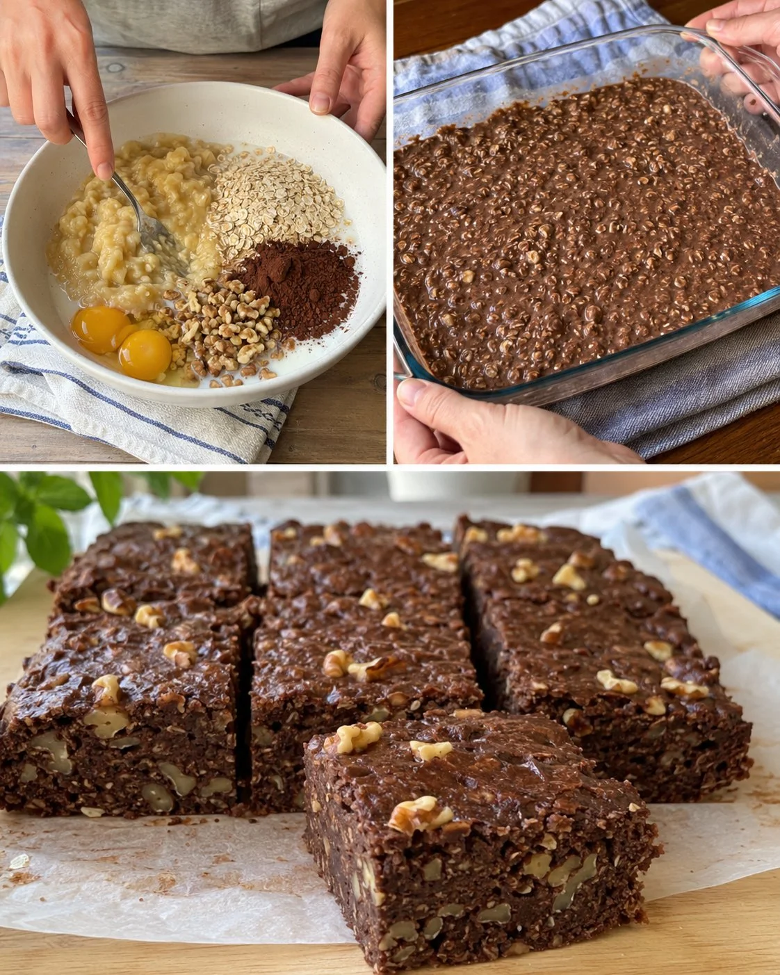 Healthy brownie baked oatmeal served in a bowl with chocolate drizzle and nuts