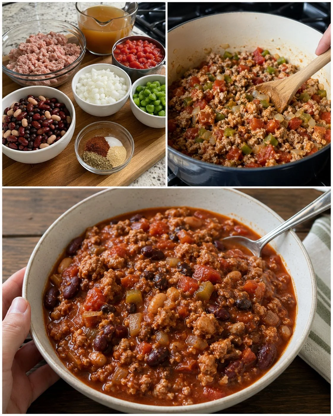 Bowl of healthy turkey chili with beans garnished with cilantro