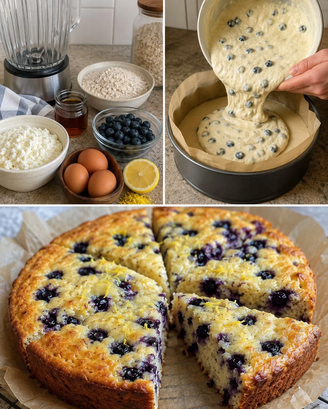 Lemon Blueberry Cottage Cheese Breakfast Cake served on a plate