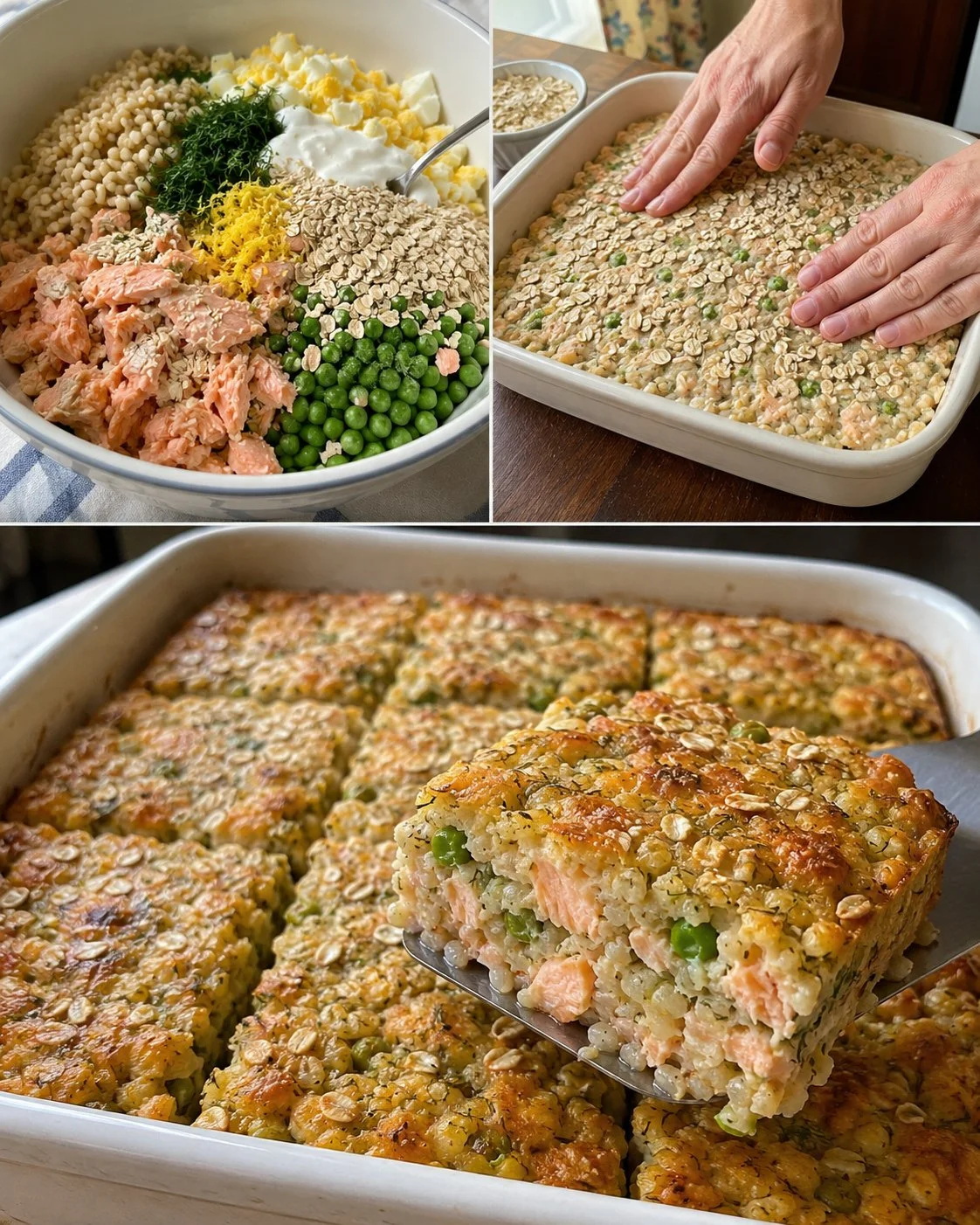Lemon Dill Salmon and Barley Bake served on a rustic plate