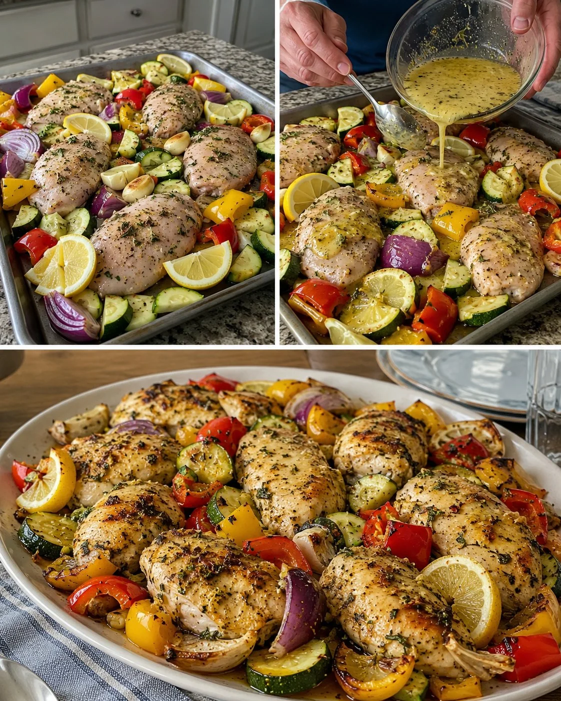 Lemon herb chicken with roasted vegetables on a plate