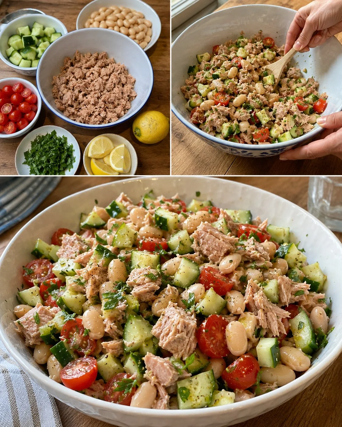Lemon Herb Tuna bowl with white beans and cucumbers served in a vibrant dish