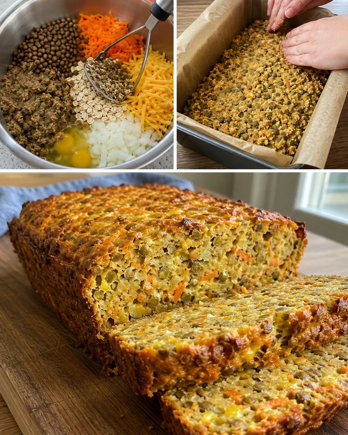 Sliced lentil carrot cheddar loaf served on a wooden board