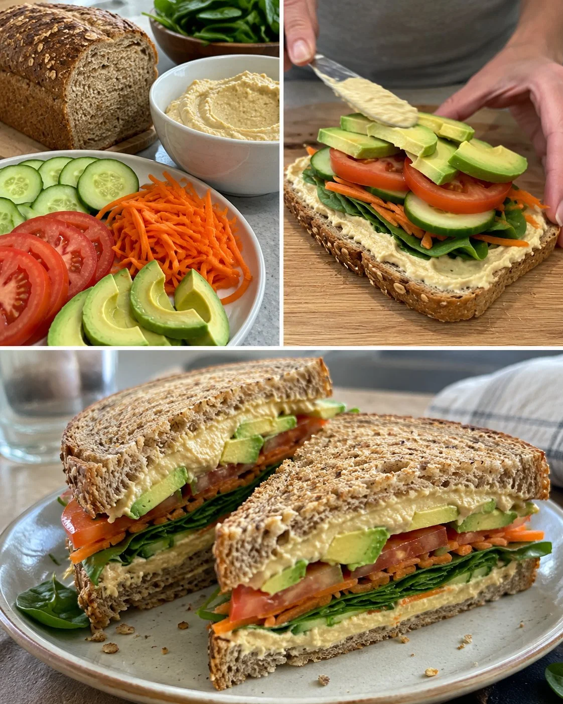Deliciously loaded veggie hummus sandwich with fresh vegetables and spread