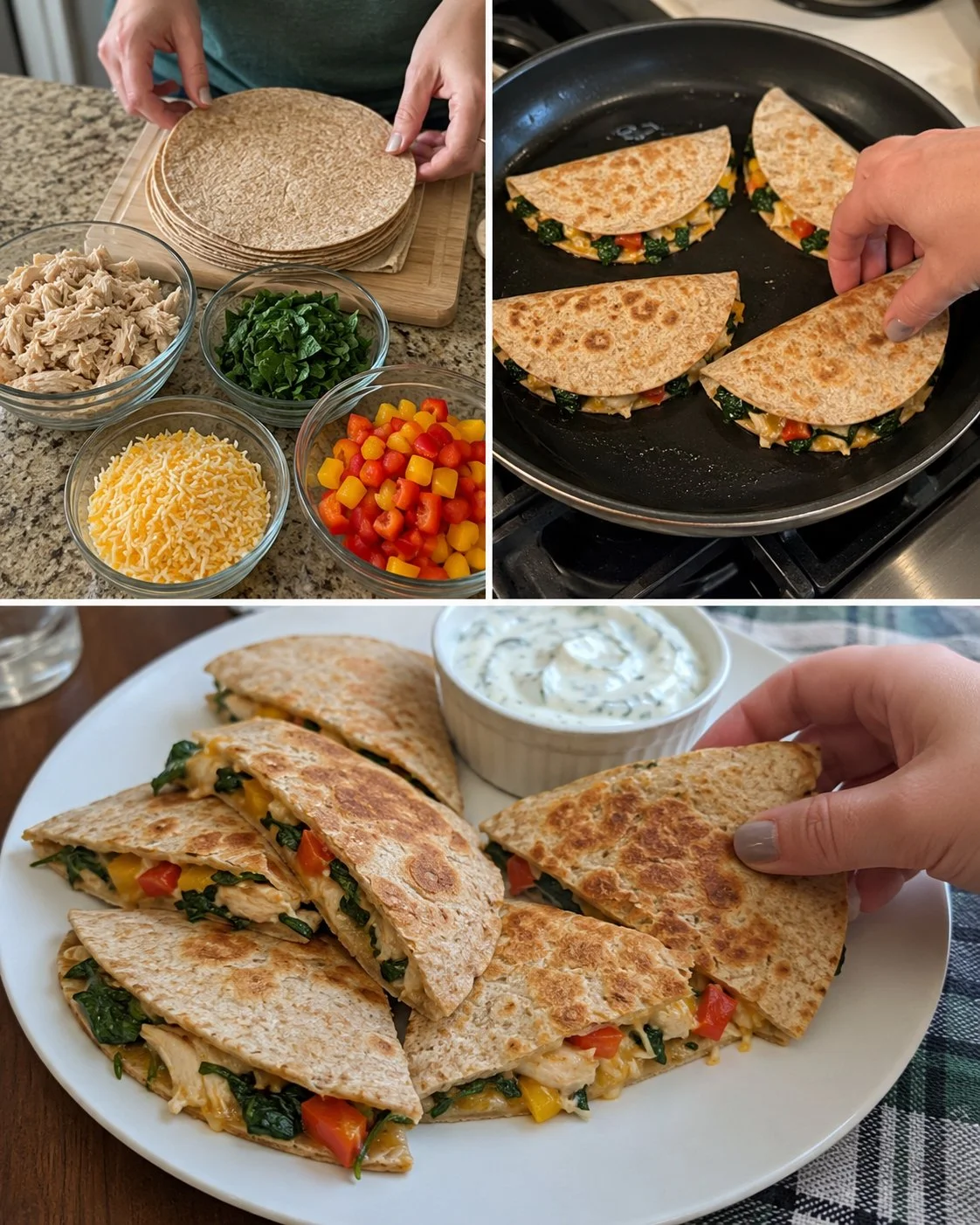 Mini chicken and veggie quesadillas served with salsa and guacamole