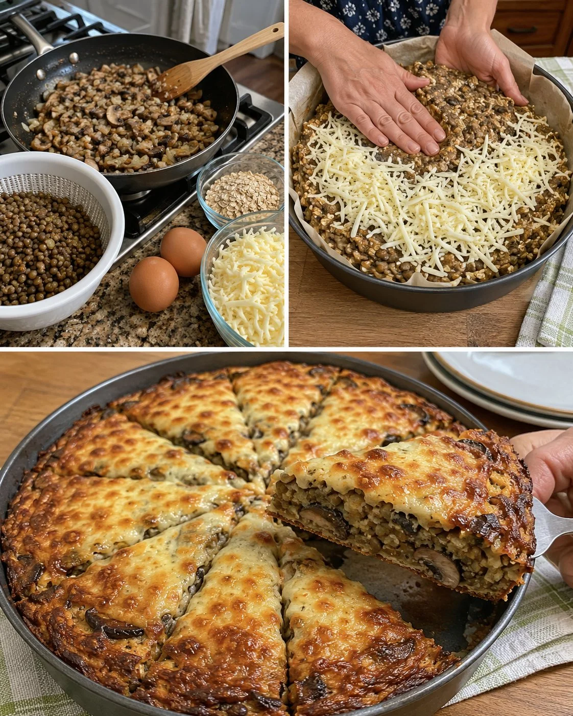 Mushroom Lentil Bake topped with mozzarella, served in slices.