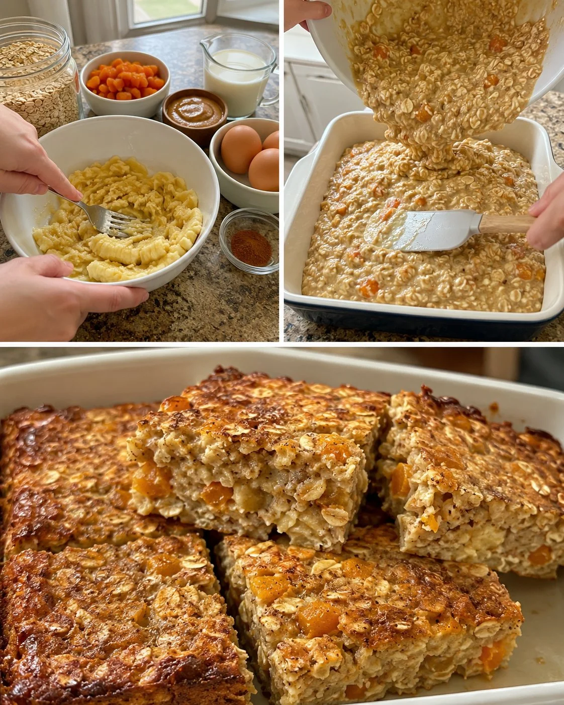 Baked apricot banana oatmeal topped with fresh fruit, ideal for breakfast.