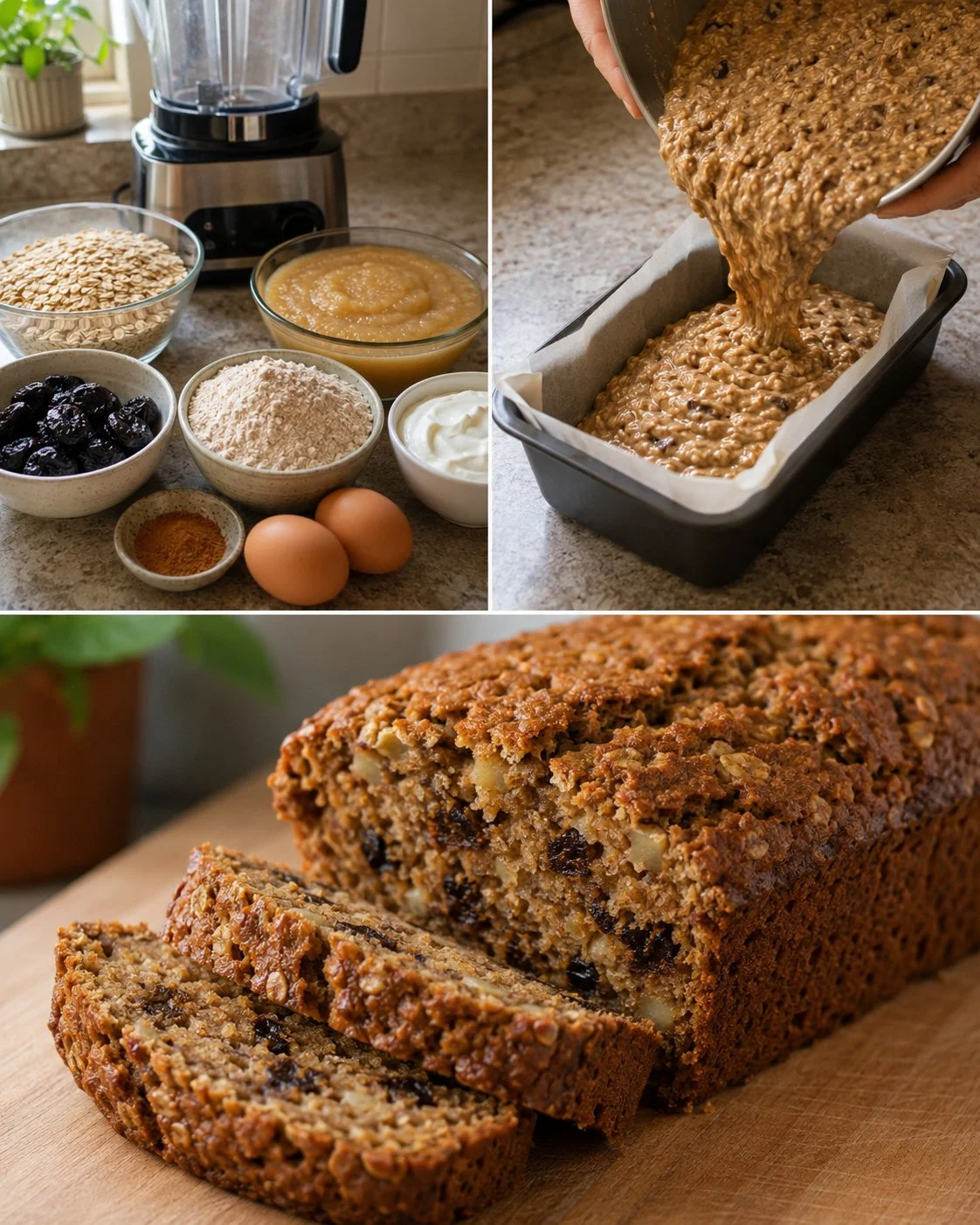 No-added-sugar apple prune oat loaf sliced on a cutting board