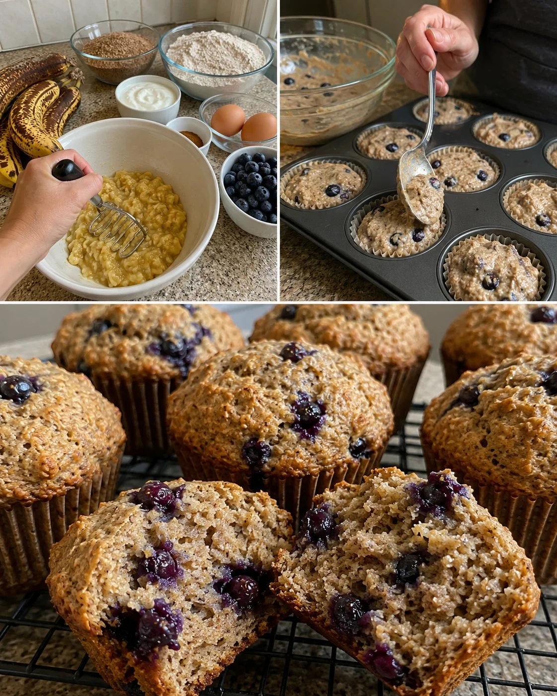 Healthy no-added-sugar blueberry banana bran muffins on a plate