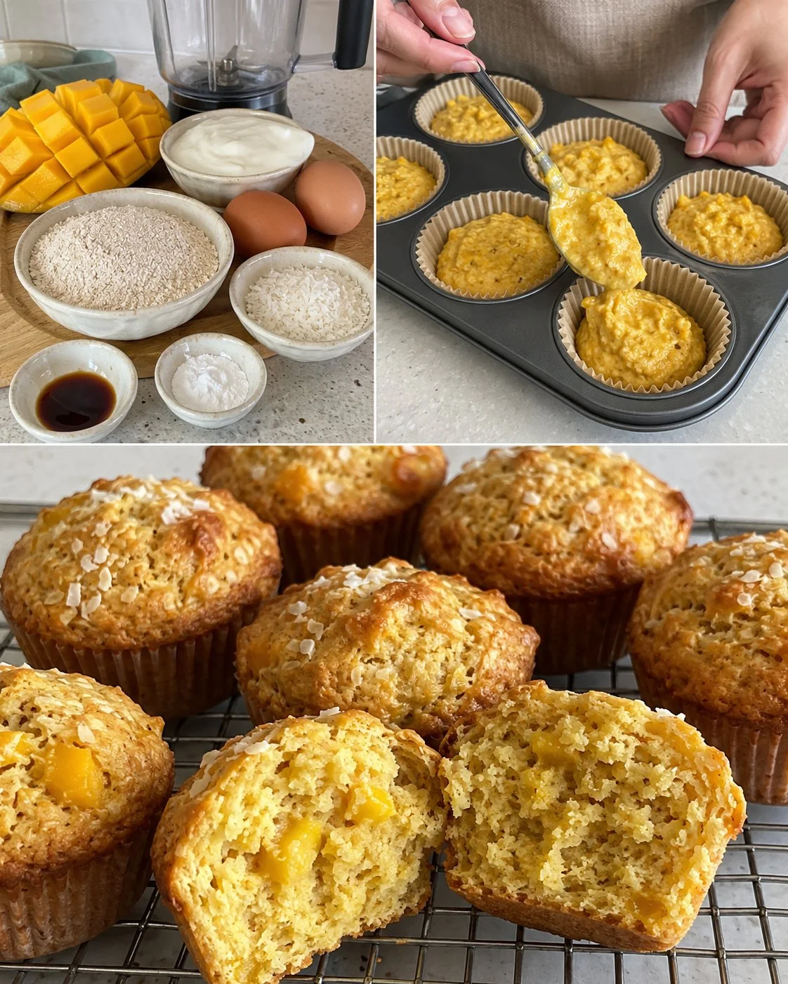 No-added-sugar mango oat muffins on a wooden table