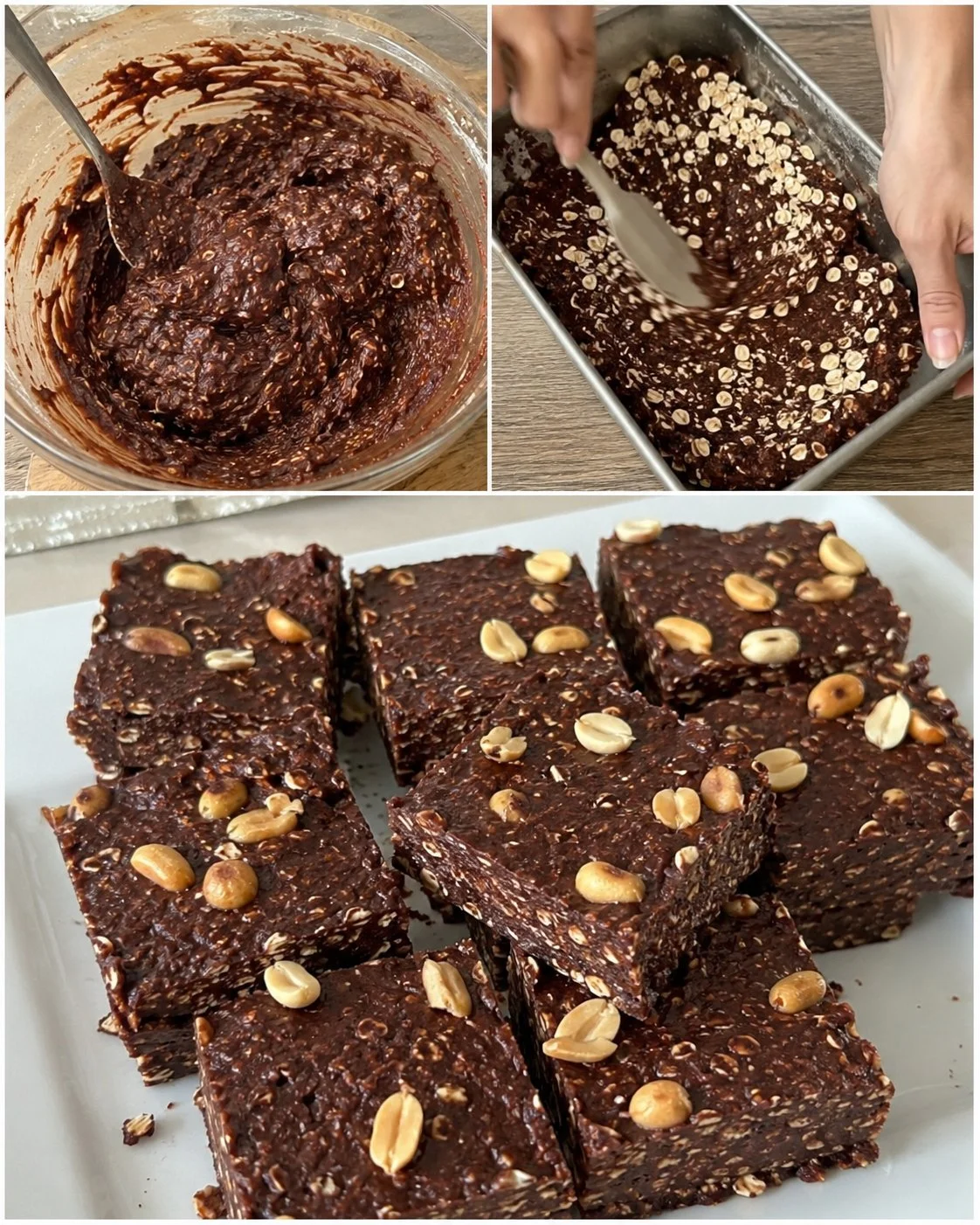Delicious no-bake chocolate peanut butter oat squares ready to serve.