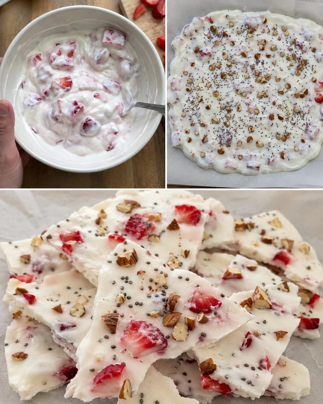 No-bake strawberry yogurt bark topped with fresh strawberries and nuts