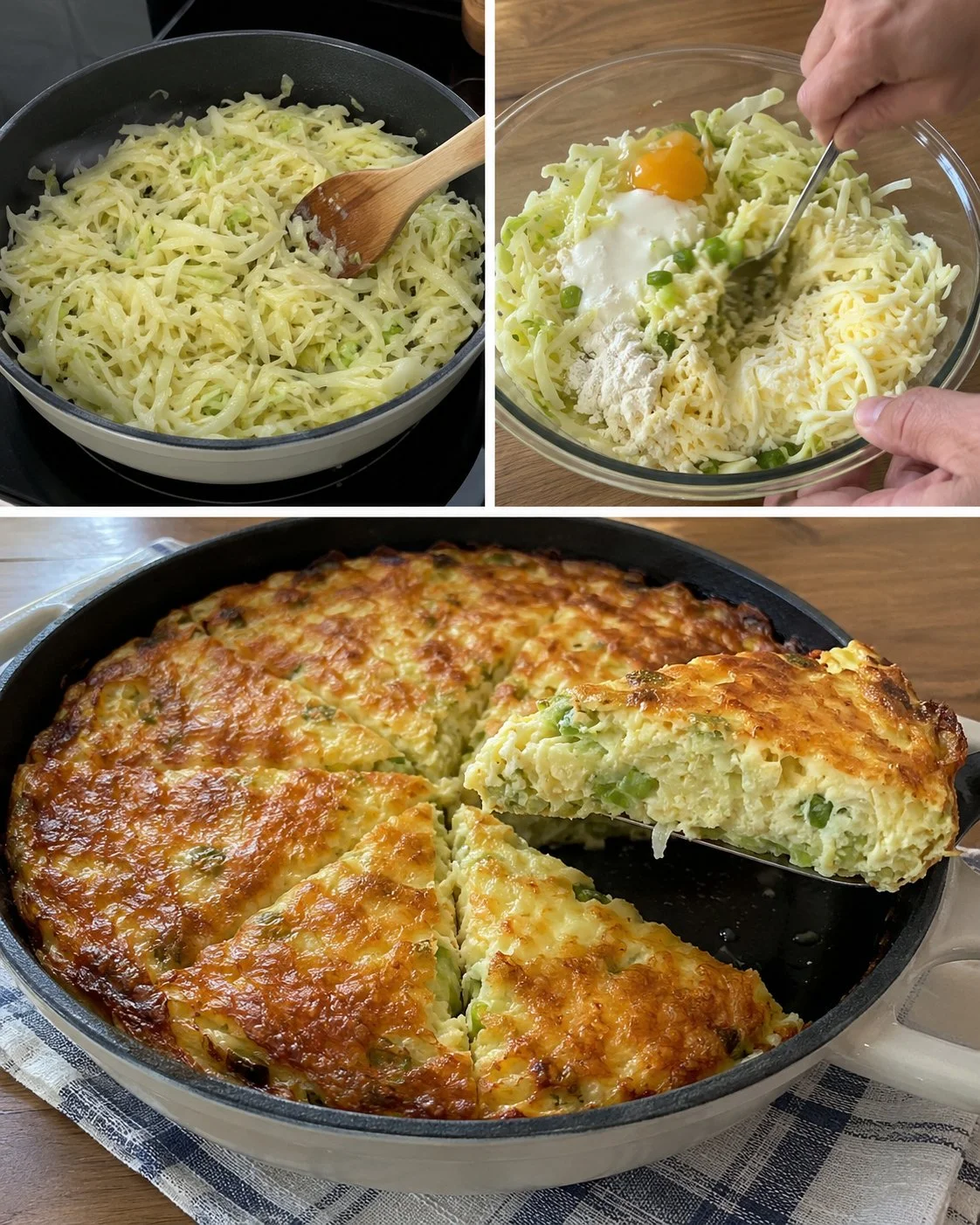 One-bowl cabbage skillet pie with eggs and mozzarella in a skillet