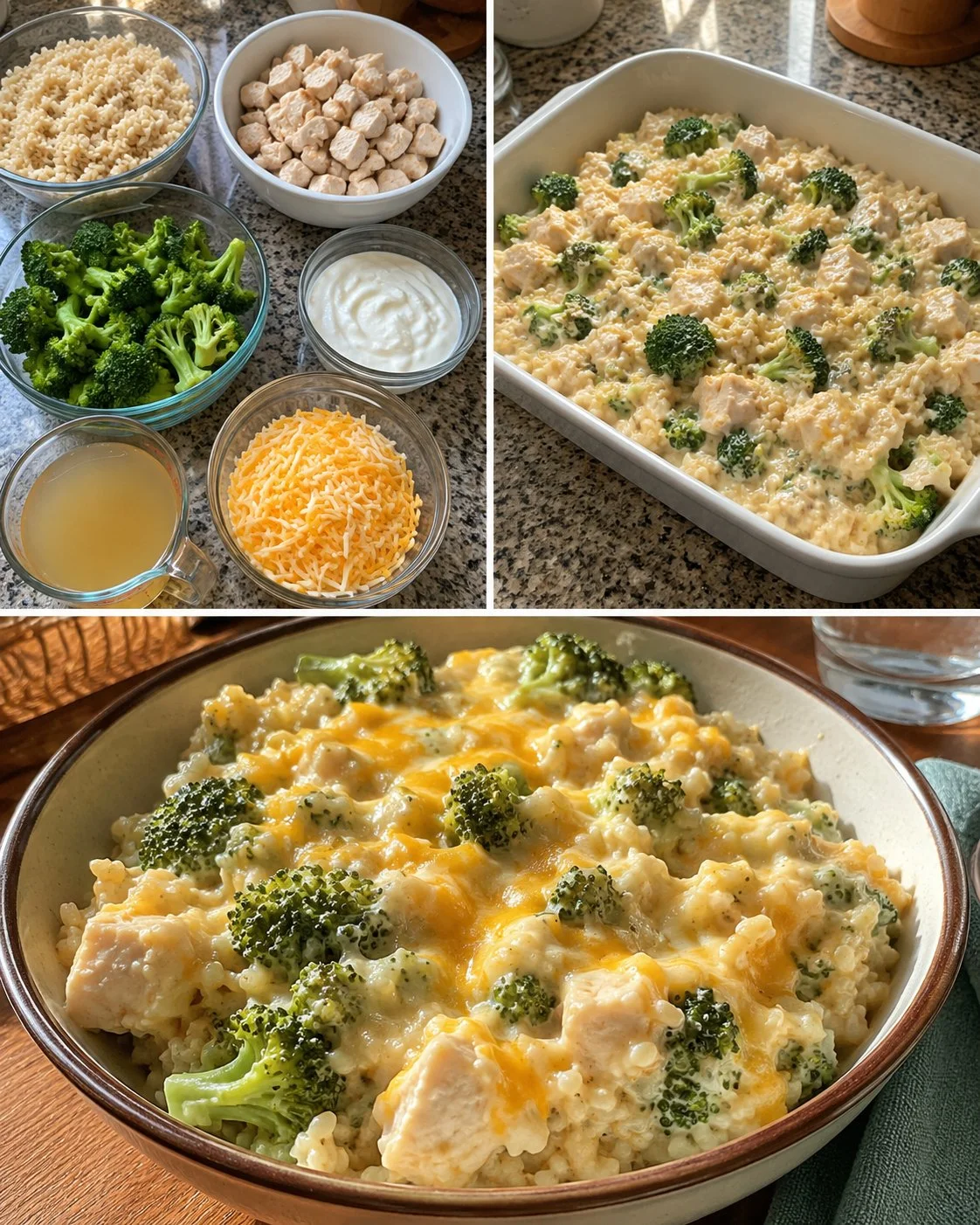 One-Pan Chicken and Broccoli Brown Rice Bake ready to serve