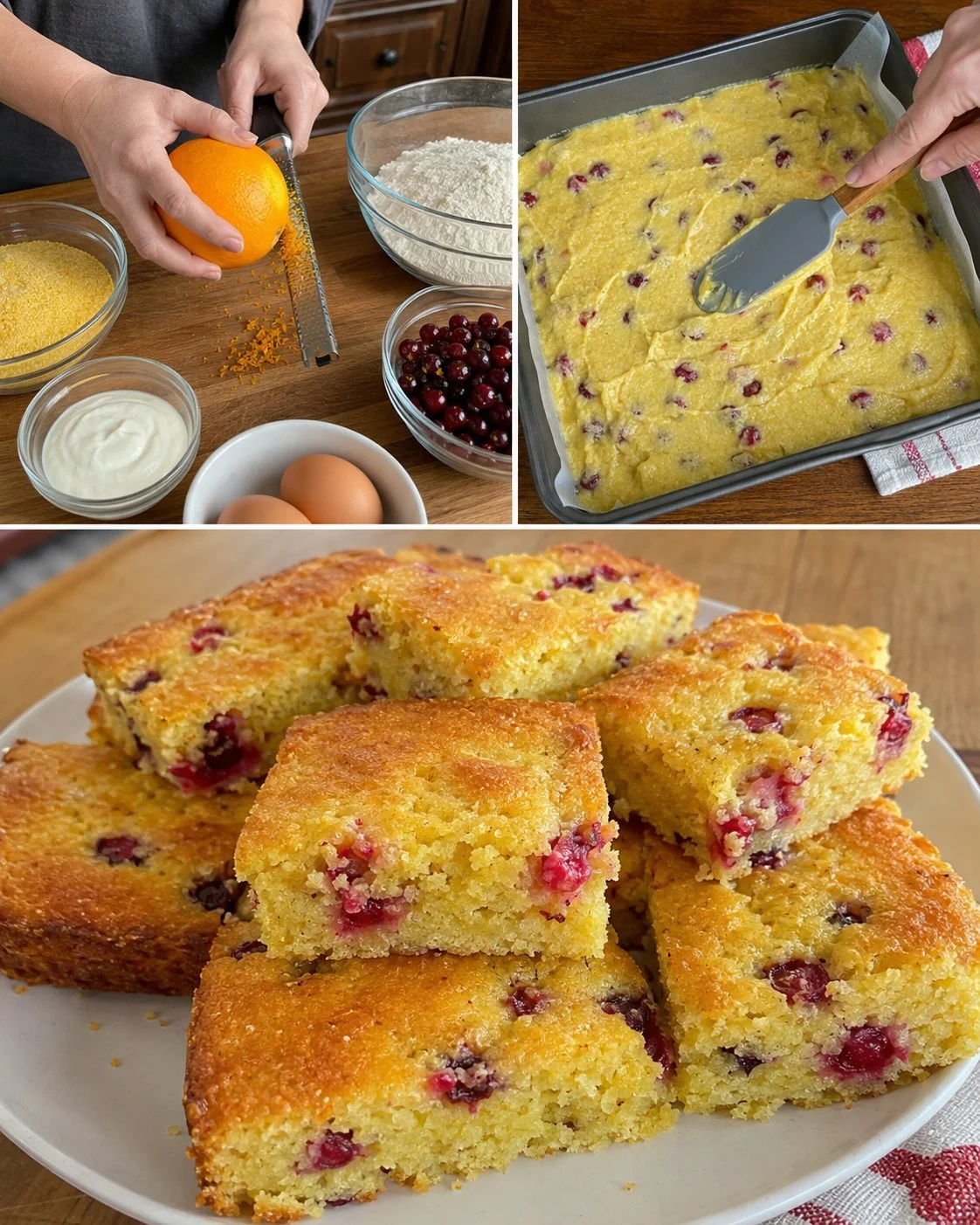Slice of Orange Cranberry Cornmeal Snack Cake on a plate with a drizzle of icing