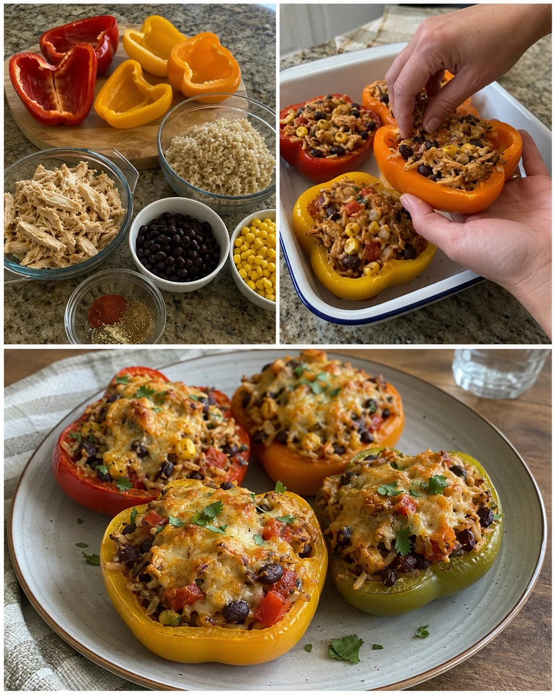 Oven-baked chicken fajita stuffed peppers filled with vibrant vegetables and spices.