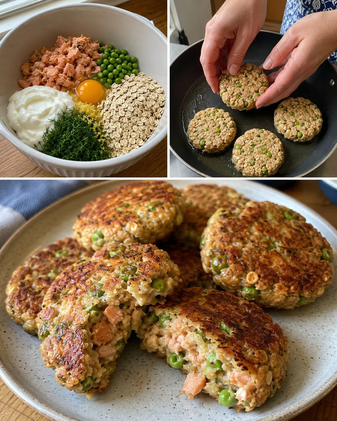 Homemade salmon oat cakes with green peas on a wooden board