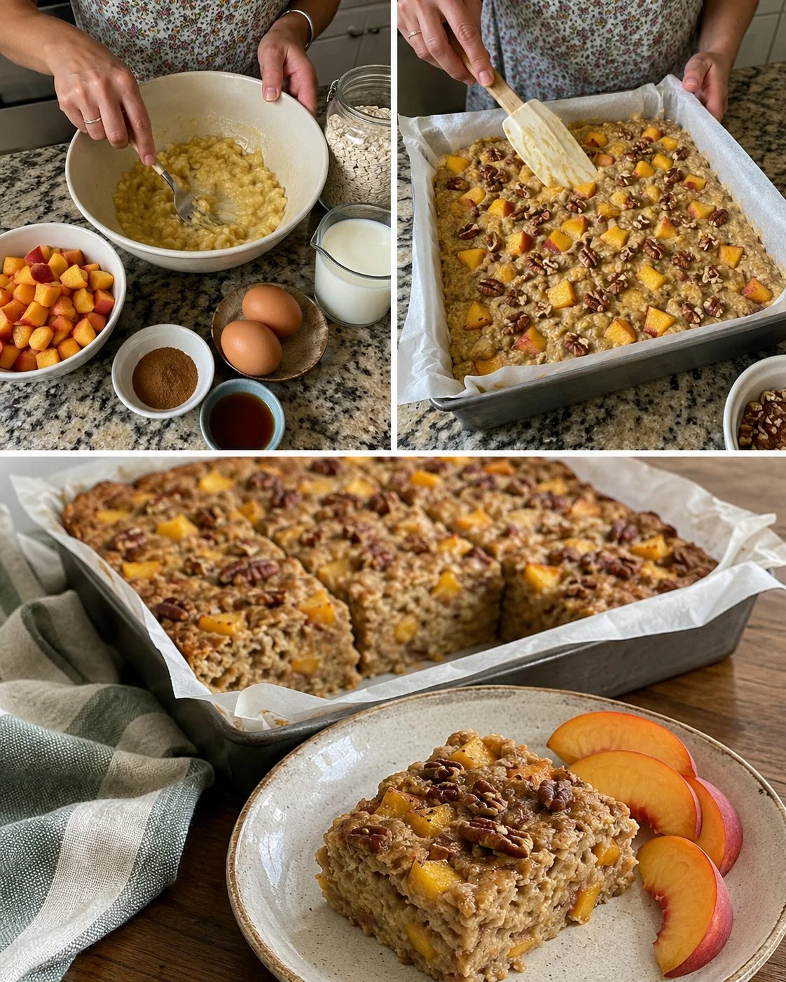 Peach Banana Baked Oatmeal Squares in a serving dish garnished with fresh fruit.