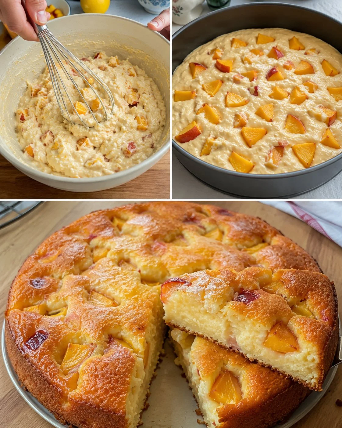Peach Ricotta Semolina Cake with a soft center, garnished with fresh peaches.