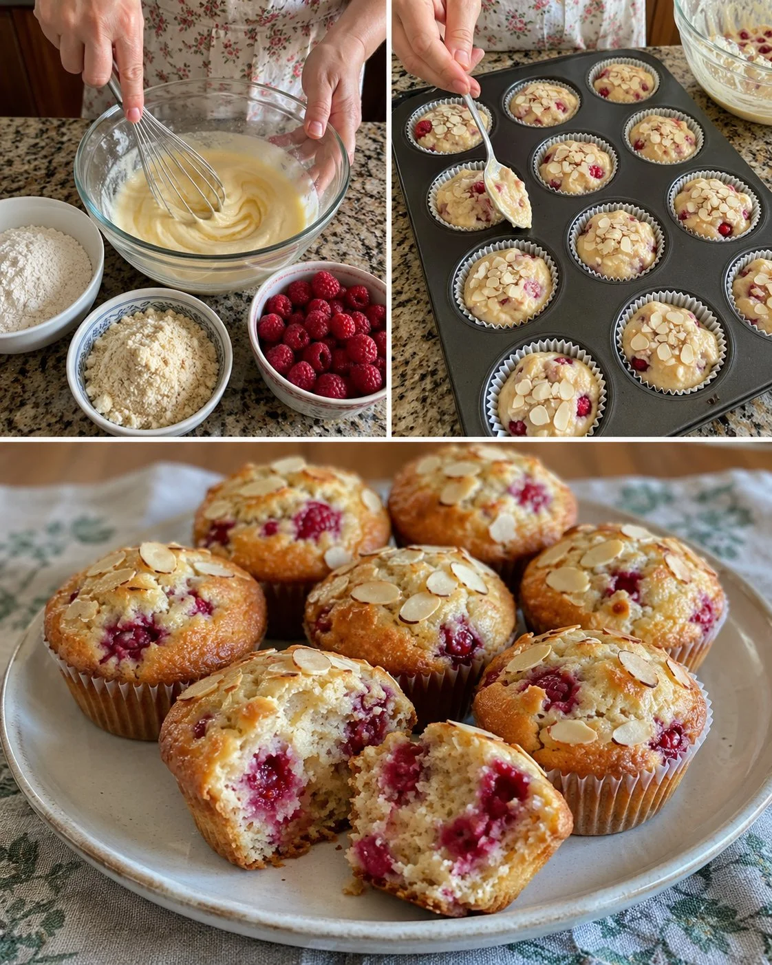 Raspberry Yogurt Almond Breakfast Muffins on a wooden table